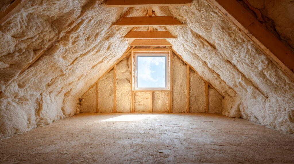 Attic space featuring new spray foam insulation on roof rafters and plywood flooring