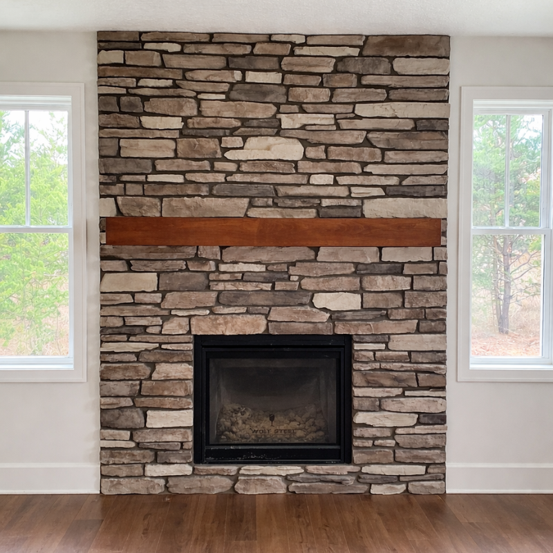 A stone fireplace surround in a living room