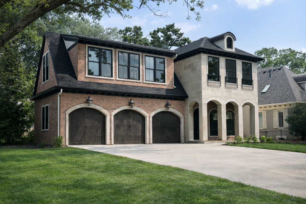 A home with both brick and white stone exterior