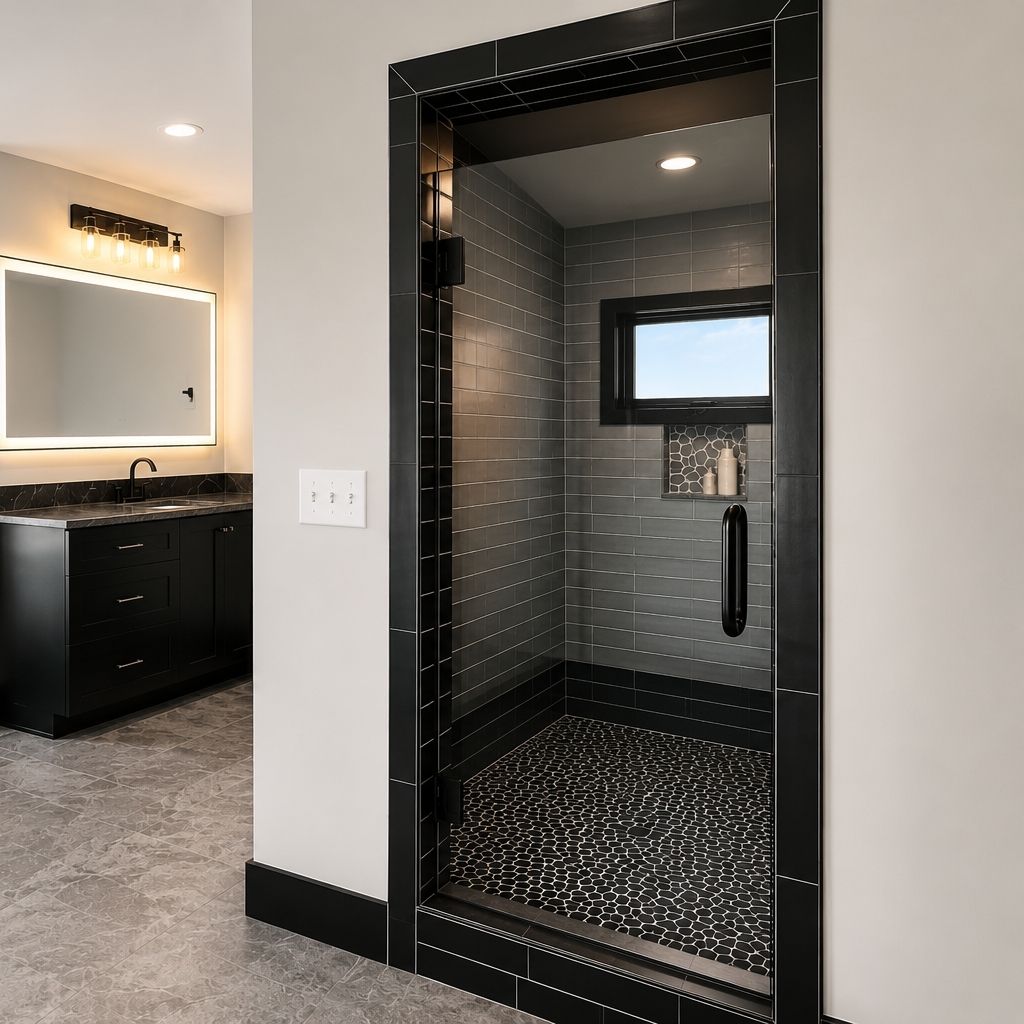 Custom frameless glass shower door with matte black hardware installed in Shakopee, MN